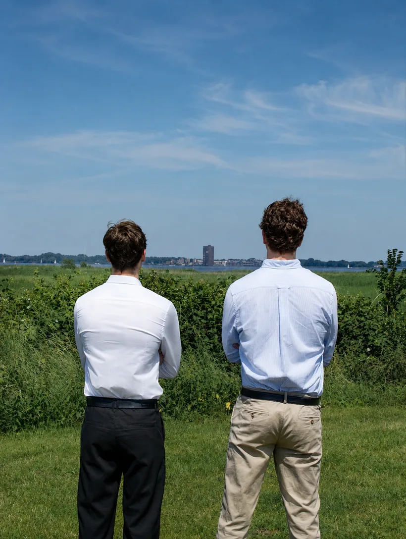 De oprichters van VirtuFront kijken samen uit over het water richting de stad aan de horizon