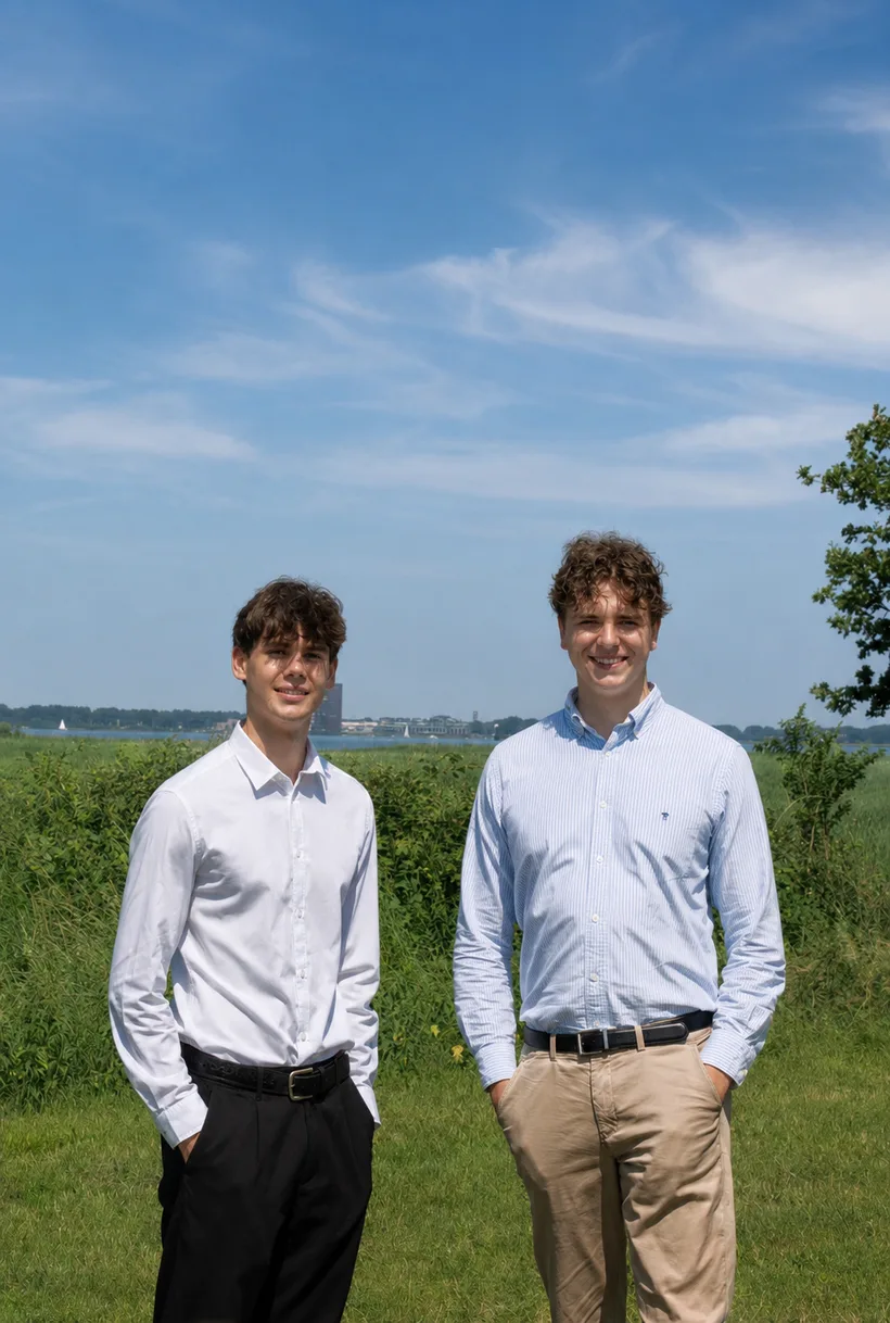 De twee oprichters van VirtuFront, in het veld bij het water